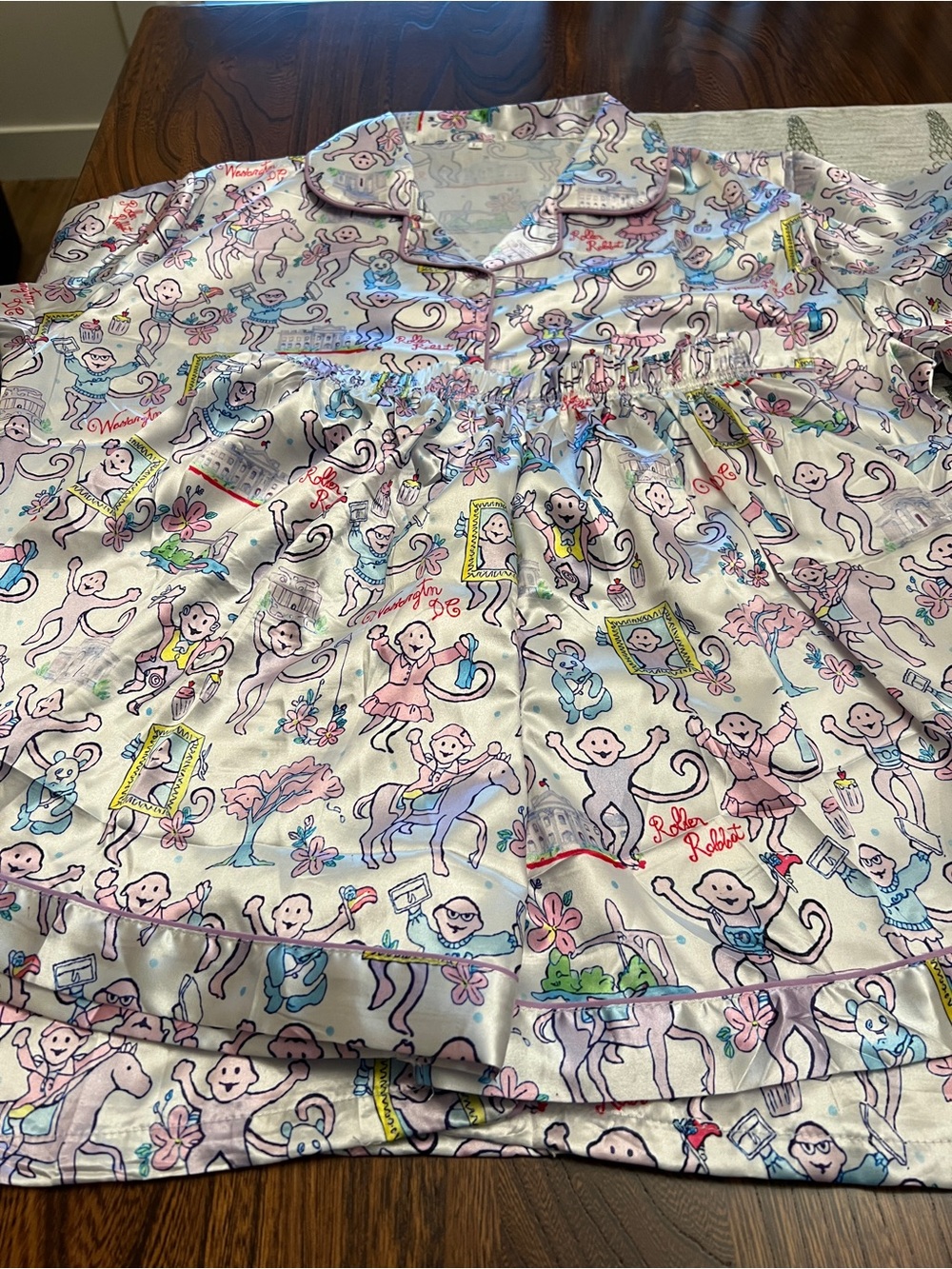 Women’s Satin Pajama Top and Short Set with Playful Monkey Print - Pink & Blue